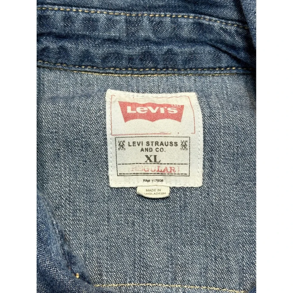 Levis Shorthorn Sawtooth Western Denim Shirt Medium Wash Pearl Snap Men's Sz XL